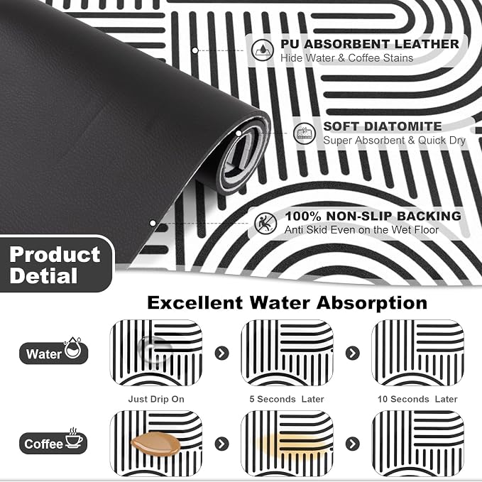 Findosom Dish Drying Mat, 12" x 20" Super Absorbent Dish Mat with Modern Geometric Striped, Hide Stain Drying Mat for Kitchen Counter, Under Dish Rack, Coffee Maker, Espresso Machine, Black & White