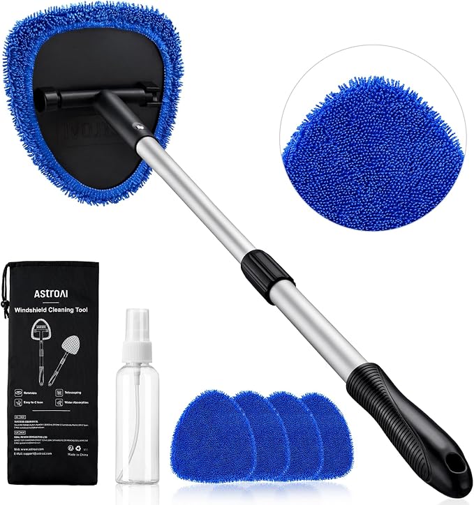 AstroAI 32" Ultra-Long Windshield Cleaner Tool, Car Interior Window Detailing Cleaning Kit with Extendable Handle and 4 Upgraded Reusable Microfiber Pads, Auto Glass Wiper Brush Kit for Car&Home, Blue