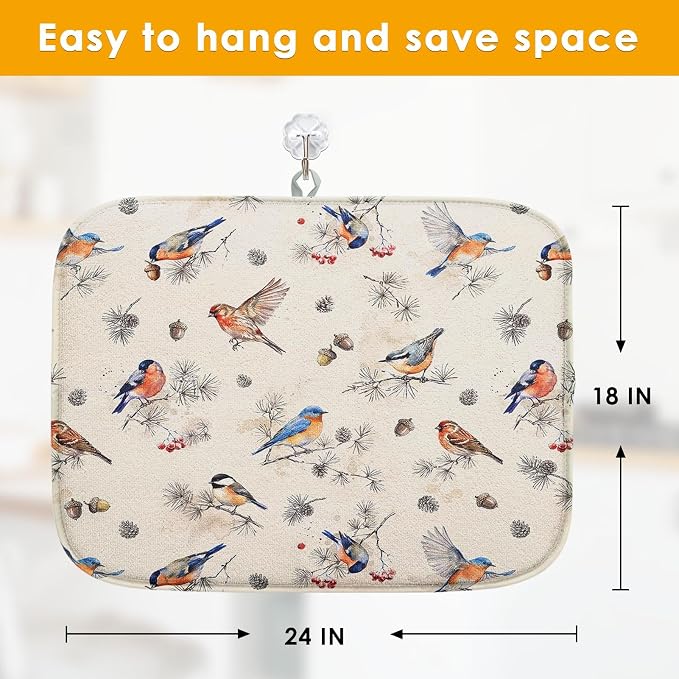 Sanwarm Absorbent Dish Drying Mat, Vintage Birds Watercolor Cute Floral Microfiber Pad for Kitchen Counter, Coffee Bar Decor, Heat Resistant and Reversible, 18" x 24"