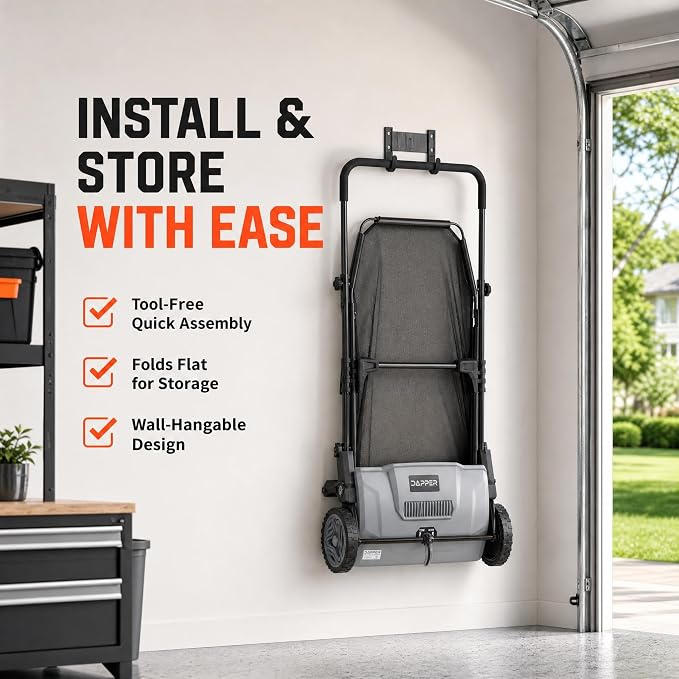 Dapper Supply 21" Push Lawn Sweeper (Also 22" & 26"), Leaf & Grass Collector, 3.5 Cu Ft Non-Woven Bag, Tool-Free Height Adjust, Folds for Wall Storage