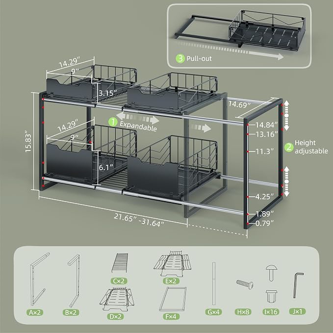 NETEL Adjustable Under Sink Organizers and Storage,Expandable Cabinet Storage Shelf with 4 Pull Out Baskets
