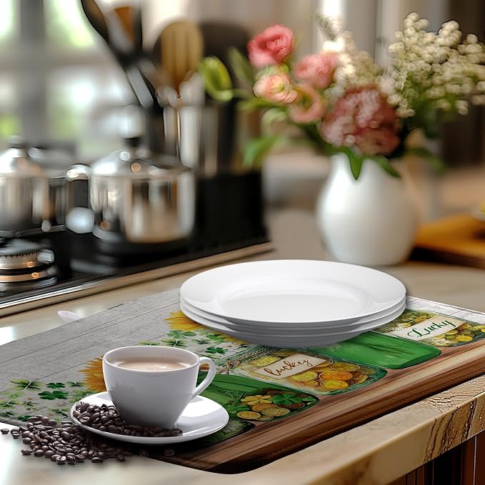 St Patricks Day Shamrock Dish Drying Mats St Patrick's Day Spring Dish Mat Sunflowers Drying Matt Dishes Dryer Pad for Kitchen Counter Absorbent Microfiber Washable Foldable Reusable 18x24 in