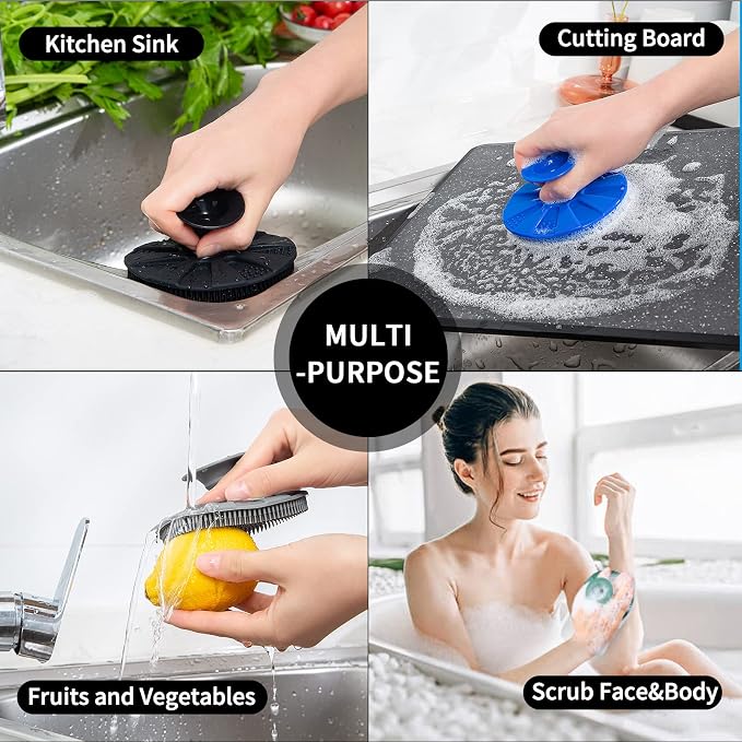 Silicone Dish Scrubber, Non-Scratch Scrub Spong for Washing Dish, Pot, Pan | Kitchen Silicone Sponge, Fruit & Vegetable Cleaning Brush, Reusable Dishwashing Scrubber, Suction Up Hang, 1 Pack, Black