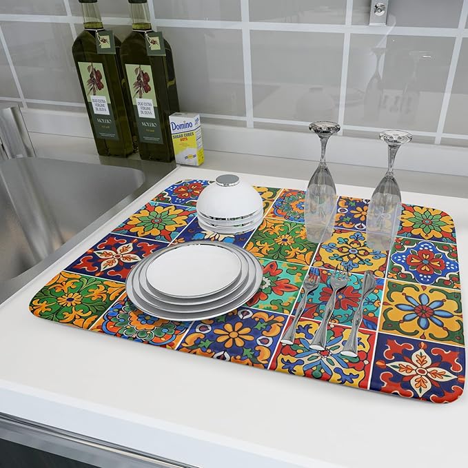 Mexican Tiles Dish Drying Mat for Kitchen Counter Absorbent Microfiber Dish Drying Pad Kitchen Gadgets Multi-use