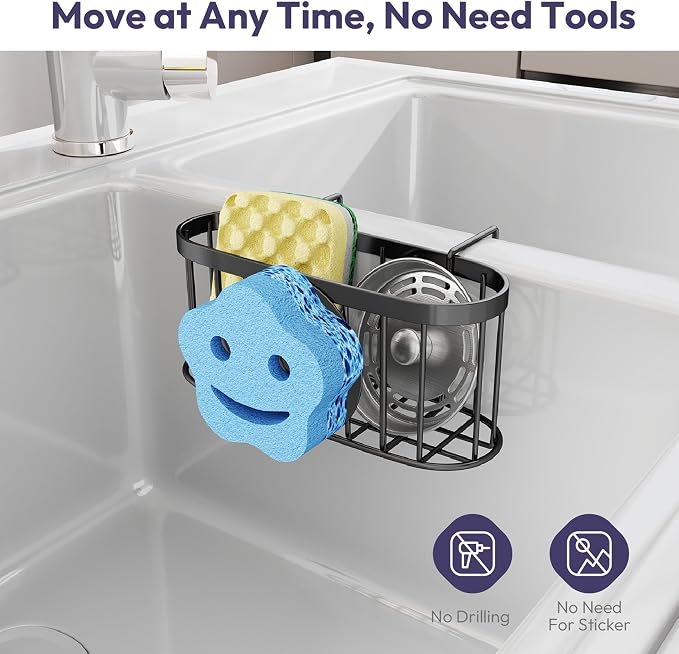 SWTYMIKI Sponge Holder for Kitchen Sink - Movable Sink Caddy with Smiley Face Sponge Holder, Rustproof Hanging Sponge Organizer in Double Bowl Sinks Depth>3.15in, Middle Divider<1.5in, Black
