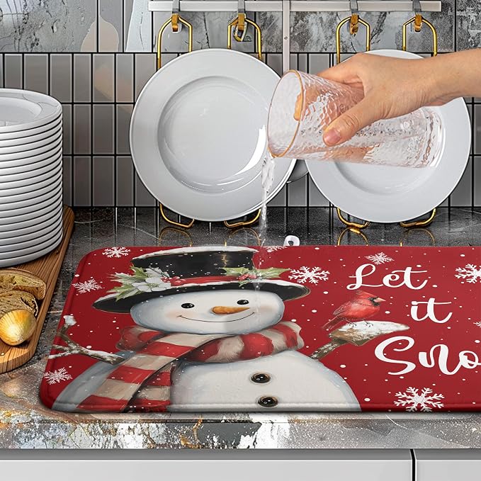 Snowman Christmas Dish Drying Mat Winter Drying Mats for Kitchen Counter Xmas Holiday Red Dish Draining Mat Microfiber Absorbent Reusable Dish Rack Pad 18x24 Inch