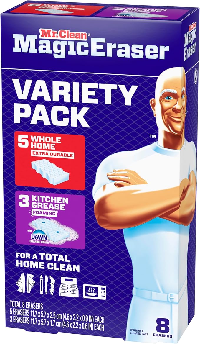 Mr. Clean Magic Eraser Sponge, All Purpose Cleaner, Cleaning Scrubber, Wall, Kitchen, Bathroom, Shower Cleaner, Melamine Sponge, Cleaning Pads, Variety Pack, 5 Extra Durable, & 3 Grease Magic Erasers