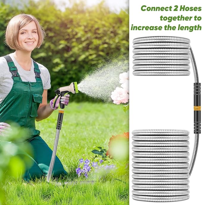 Unywarse Garden Hose 200ft, Stainless Steel Heavy Duty Water Hose with 10 Function Nozzle Flexible, Lightweight, No-Kink, Pet Proof, Puncture Proof Metal Hose for Yard, Outdoor