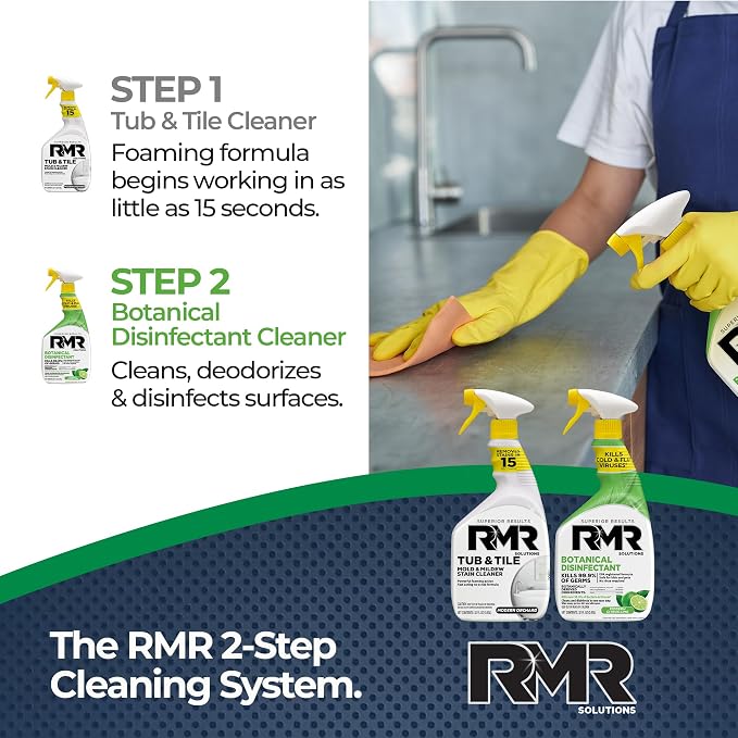 RMR Germ & Grime Guard Bundle – Tub & Tile Mold & Mildew Stain Remover + Botanical Disinfectant Cleaner, 2-Step Bathroom & Home Cleaning for Tile, Grout, Shower, Counters & More, 2–32 Oz Bottles