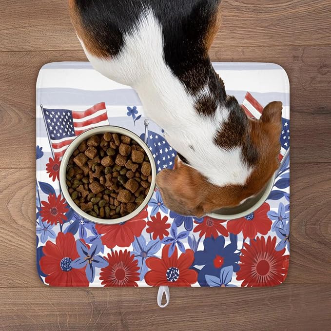 Patriotic Floral Dish Drying Mat for Kitchen Counter 4th of July American Flag Microfiber Dish Drainer Mat Red and Blue Flower Absorbent Washable Drying Pad 16"x18"