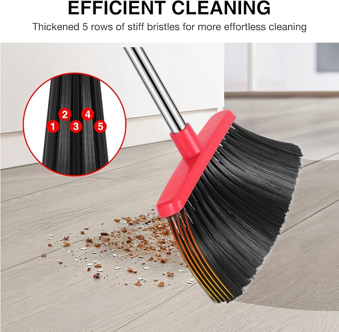 NACENA Broom and Dustpan Set, 52-in Long Adjustable Handle Broom Dustpan Combo with Dustpan Teeth to Automatically Clean Hair Suitable for Home Kitchen Office Hall Floor(Black&Red),3 Pcak