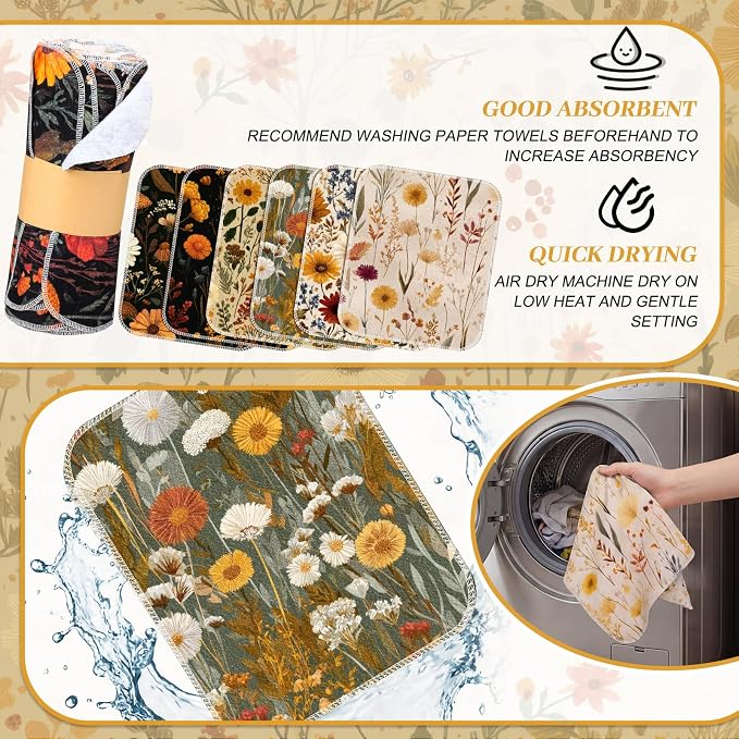 Reusable Cleaning Cloths Washable Cotton Kitchen Dish Towels for Home Party Supplies Bulk, 9.84x11.81in (36 Pack,Fall Wildflower)