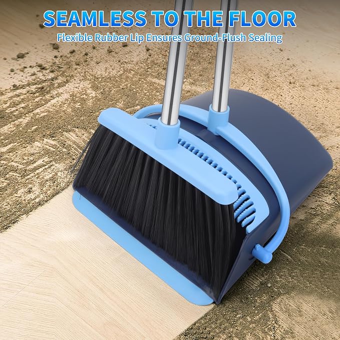 Broom and Dustpan Set 52-in Long Adjustable Handle Broom Dustpan Combo | Upright Dustpan with Teeth to Automatically Clean Hair, Suitable for Home Kitchen Office Hall Floor Garden Lobby (Blue)