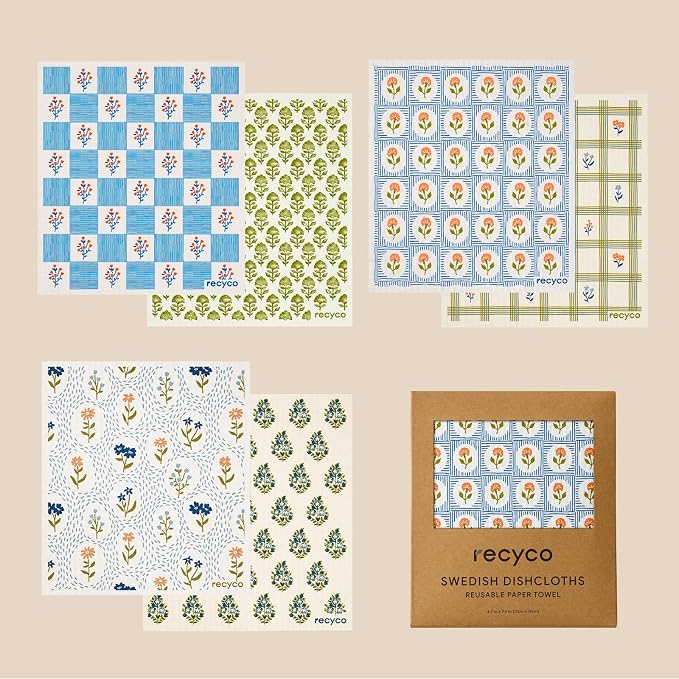 RECYCO Swedish Dishcloths for Kitchen | 6 Packs Bloom Tiles Washable Dish Rags | Cellulose Reusable Cleaning Paper Towels | Absorbent Counter Dish Cloth Sponge Kitchen Wipes, 8" L x 7" W