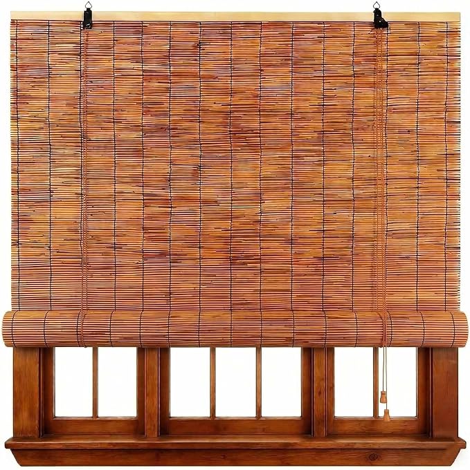 Bamboo Roller Shades for Outdoor Patio, Blackout Roll Up Blinds Cordless Bamboo Blinds for Indoor Windows Waterproof Roman Reed Shades Porch Balcony Outside Privacy Sun Shade(22" W x 64" H)