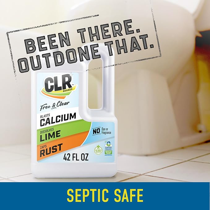 CLR Brands Calcium, Lime & Rust Remover Free & Clear, No Dyes or Fragrances, Gentle Lime and Bathroom Descaler, Removes Hard Water Stains and Rust Deposits, 42 Oz Bottle