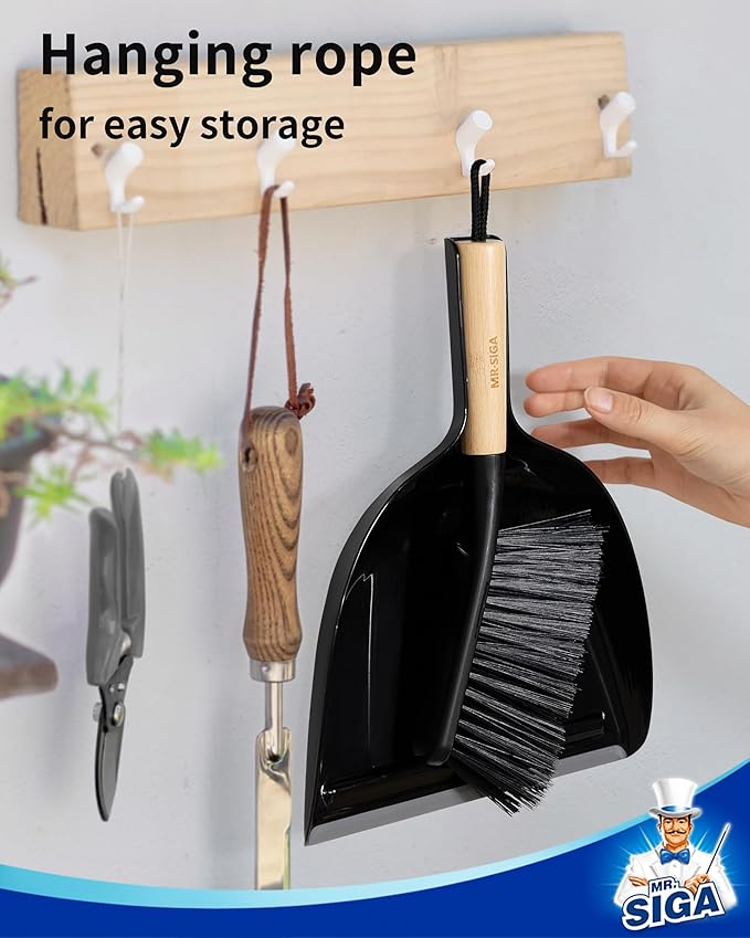 MR.SIGA Dustpan and Brush Set, Bamboo Handle, Black, 1 Set | Handheld brush and dustpan combo with hanging loop, small broom and dustpan set