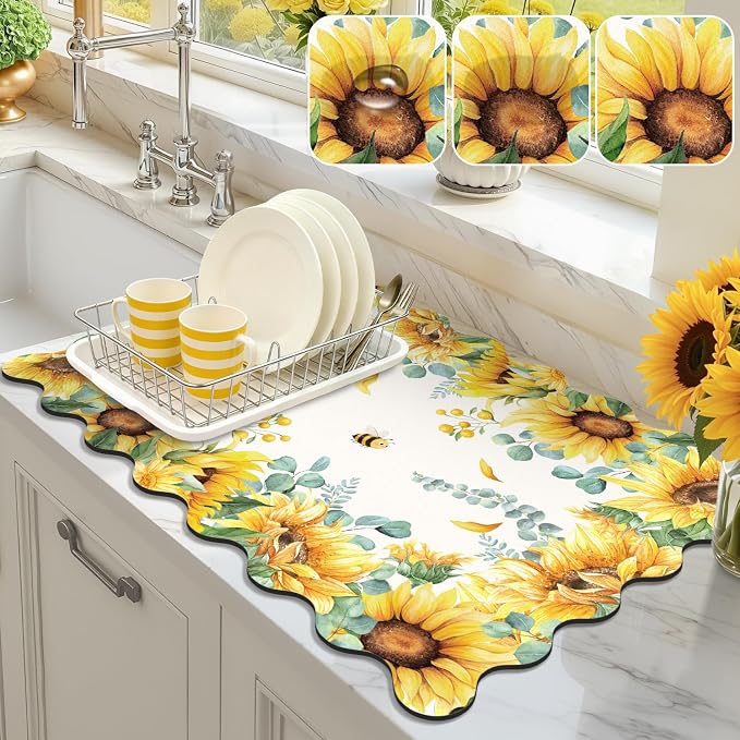 LOKHOM Scalloped Floral Dish Drying Mat, 18"x24" Super Absorbent Coffee Mat with Watercolor Yellow Sunflowers, Cuttable Hide Stain Non-slip Drying Mat for Kitchen Counter Coffee Maker Espresso Machine