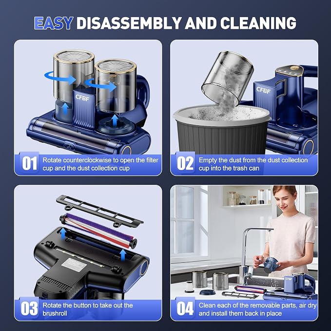 CFBF Mattress Bed Vacuum Cleaner with 16Kpa Suction & 253.7nm UV-C Light | Ultrasonic & High Heating, 500W Powerful Double-Cup Handheld Vacuums for Bed, Sofa, Couch, Crib, 16.4FT Corded