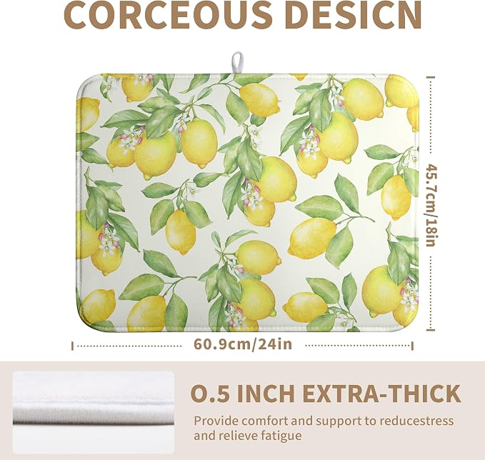Summer Lemon Drying Mat Watercolor Fruit Yellow Lemon With Green Leaf Floral Dish Drying Mats for Kitchen Counter 18×24 Inch Microfiber Absorbent Dish Pad