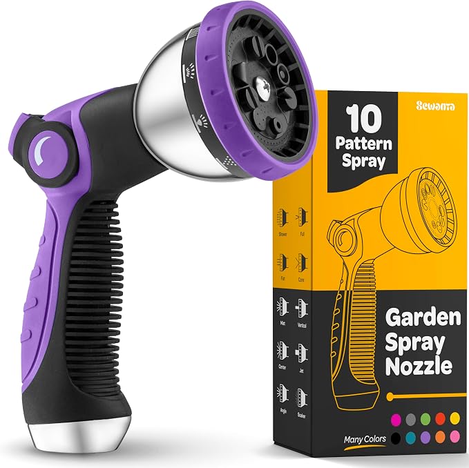Hose Nozzle [Purple] Heavy Duty Hose Sprayer With 10 Adjustable Watering Patterns. Thumb Control Design, Comfortable Ergonomic Grip, Garden Hose Nozzle for Watering Plants & Lawns/Fun showers/Cleaning