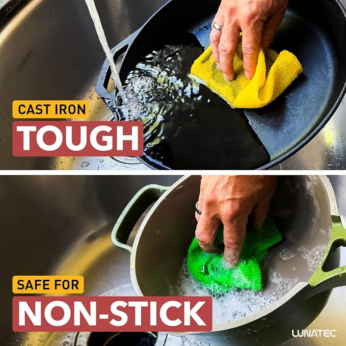 Lunatec® Odor-Free Kitchen Dishcloths. A Scrubber and scouring pad for All Surfaces. Safe for Non-Stick. (6-Pack)