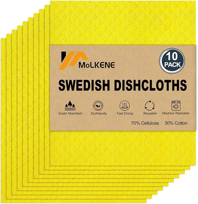 MoLKENE Swedish Dishcloths for Kitchen | 10 Pack Absorbent Cellulose Sponge Cloths Washable | Non-Scratch Reusable Paper Towels Quick Drying Cleaning Rag - Yellow
