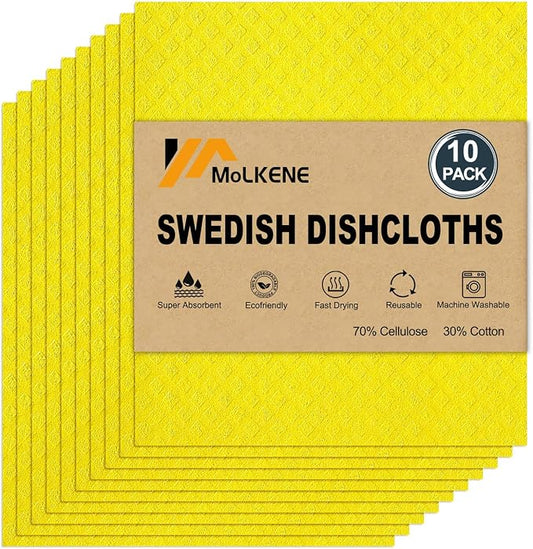 MoLKENE Swedish Dishcloths for Kitchen | 10 Pack Absorbent Cellulose Sponge Cloths Washable | Non-Scratch Reusable Paper Towels Quick Drying Cleaning Rag - Yellow