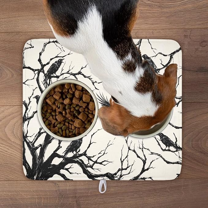 Halloween Crows Dish Drying Mat for Kitchen Counter Vintage Spooky Black Tree Branches Raven Pattern Microfiber Dish Drainer Mat Rustic Absorbent Washable Drying Pad 16"x18"