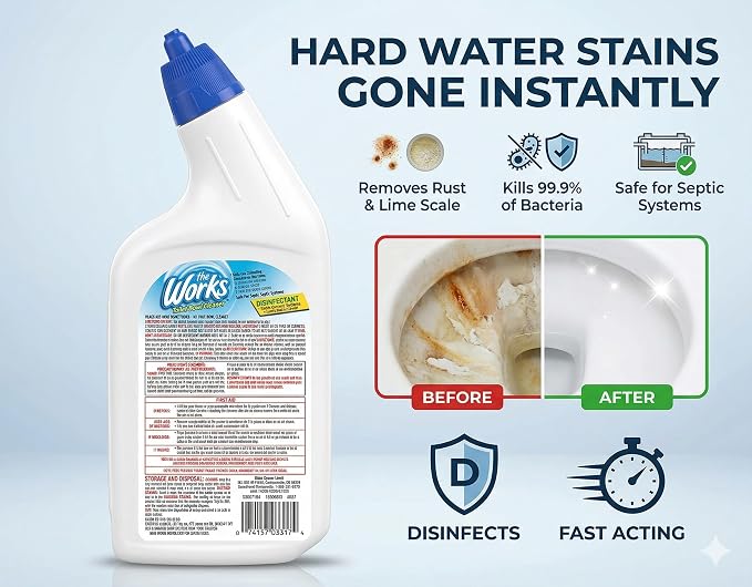 The Works Toilet Bowl Cleaner Disinfectant Removes Rust Lime Scale and Hard Water Stains Kills 99.9% of Household Bacteria 24 fl oz (Pack of 6)