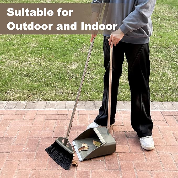Upgrade Broom with Dustpan Combo Set,48'' Long Handle Stiff Broom Bristles with Heavy Duty Dust Pan,Indoor Outdoor Easy Sweeping for Kitchen Lobby Garage Home