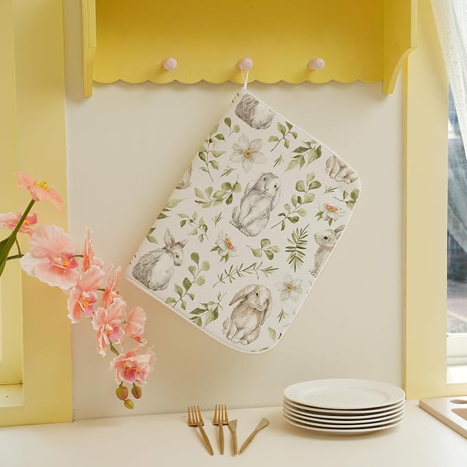 Spring Dish Drying Mat 18x24 Inches For Kitchen Counter Absorbent Easter Green Rabbit Floral Kitchen Decoration Bunny Flower Drying Mat Pad For Home Kitchen,Dining Room,Office Decor