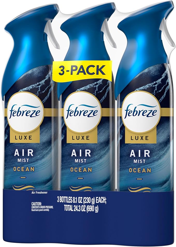 Febreze Air Mist, Luxe Air Freshener Spray, Odor Fighting Room Spray, Deodorizer for Home Bathroom Kitchen Office Apartment Dorm Room Classroom, Ocean Scent, 8.1oz (Pack of 3)