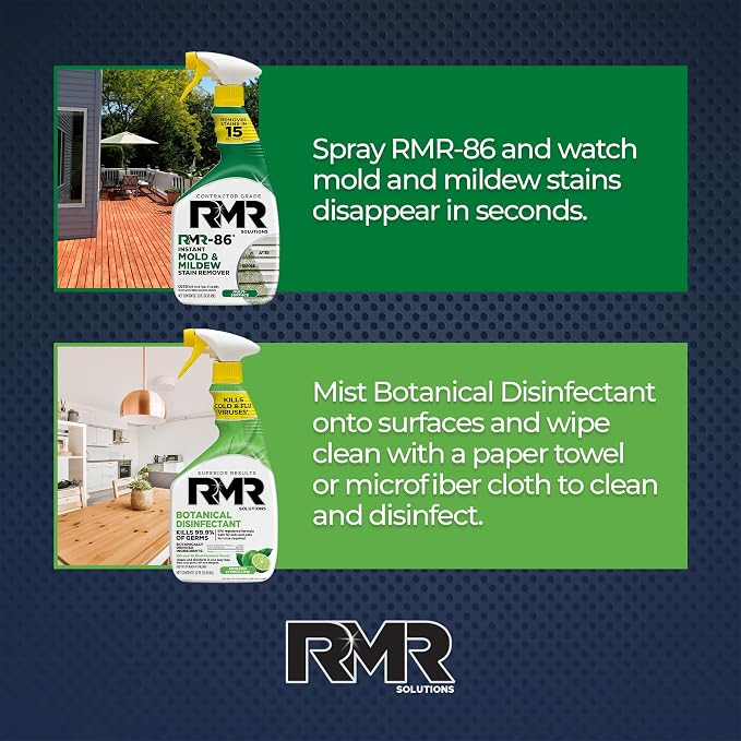 RMR Stain & Sanitation System –Instant Mold & Mildew Stain Remover + Botanical Disinfectant Cleaner, Indoor/Outdoor Cleaning Kit for Kitchens, Bathrooms, Furniture, Siding, & Deck, 2–32 Oz Bottles