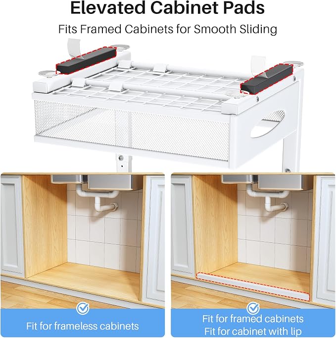 Under Sink Organizer, 2 Pack 2 Tier Pull Out Under Cabinet Organizer Shelf with Pad for Framed Cabinets, Metal Slide Out Under Sink Storage, Mesh Sliding Drawers for Kitchen Bathroom Laundry, White