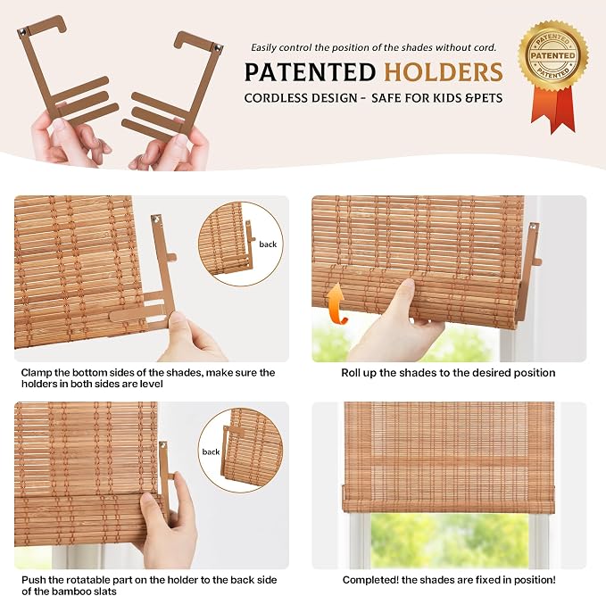 LazBlinds No Drill Bamboo Roller Shades, Brown206, 12" W x 70" H | No Tools Cordless Bamboo Blinds, Light Filtering Roll Up Blinds for Windows, French Door, Porch or Patio Privacy Screen