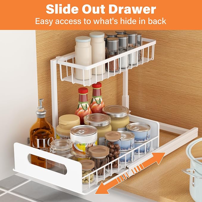 Under Sink Organizer 2 Tier, Pull Out Drawer Slides Under Sink Storage for Bathroom Kitchen,Multi-Purpose Drawer Under Cabinet Organizer for Cleaning Supplies (White, 2 Pack)