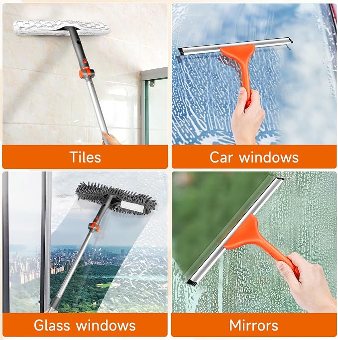 Chabatree Window Squeegee Cleaner Set 2-in-1 Window Cleaning Tool with Extendable Pole, Window Cleaning kit with Bendable Head for Indoor & Outdoor Glass for Car Indoor Outdoor High Windows