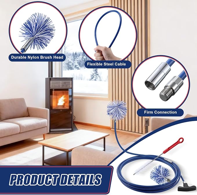 Dreyoo Pellet Stove Cleaning Brush Kit, 20 FT Flexible Steel Rod with 3" & 4" Brush Head, T Handle, Multi Purpose Flue Detail Cleaner, Nylon Stove Flue Pipe Kit for Pellet Furnace Exhaust Pipes