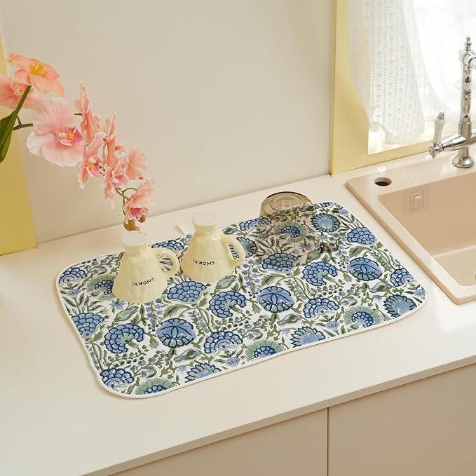 Floral Dish Drying Mat 18x24 Inches For Kitchen Counter Absorbent Block Print Flower Kitchen Decoration Boho Floral Drying Mat Pad For Home Kitchen,Dining Room,Office Decoration