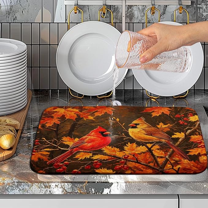 Fall Maple Leaves Birds Dish Drying Mat for Kitchen Counter 16x18 Autumn Colored Maple Forest Drying Mats Thanksgiving Harvest Dishes Drying Pad Absorbent Microfiber Sink Dish Drainer Rack Mat