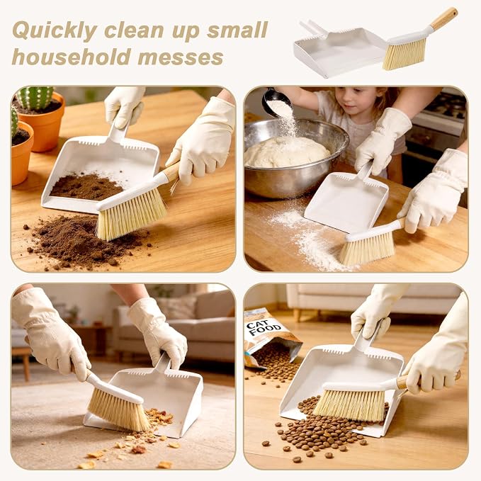 Mini Dustpan and Brush Set with Bamboo Handle, Portable Multipurpose Broom Dustpan Set with Handle Teeth, for, Desktops, Bedroom, Kitchen, Pet Care, Camping, 1 Set (White)