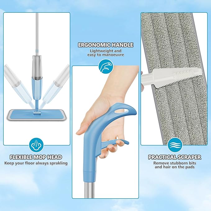 Spray Wet Mops for Hardwood Floor Cleaning: Floor Mop Refillable Dust Mop | 3 Washable Pads for Swiffer Powermop, 360° Rotating Head, Dry Mop Commercial Flat Mops for Wood Laminate Ceramic Tiles Vinyl