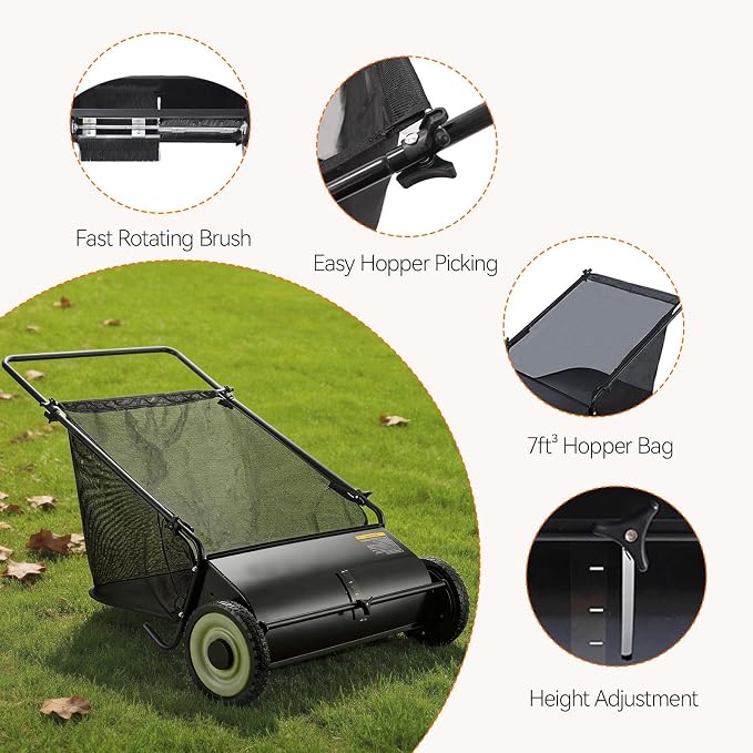 26 Inch Push Lawn Sweeper, Hand Powered Leaf & Grass Sweeper with 7 Cu Ft Hopper, 4 High-Speed Brushes, Height Adjustable, ABS & Steel Frame for Yard Lawn Cleanup (Black 2, 26 Inch)