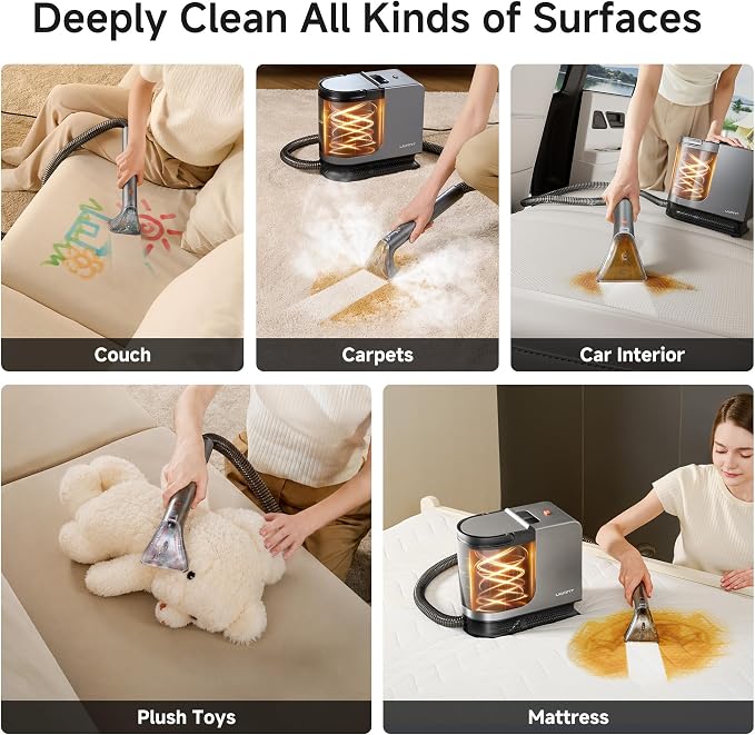 Uwant Portable Carpet Cleaner with Steam& Hot Water 18Kpa Upholstery Cleaner Machine for Pets with Cleaning Tools& Solution Carpet Steam Cleaner for set of 1 Cars,Couch,Furniture