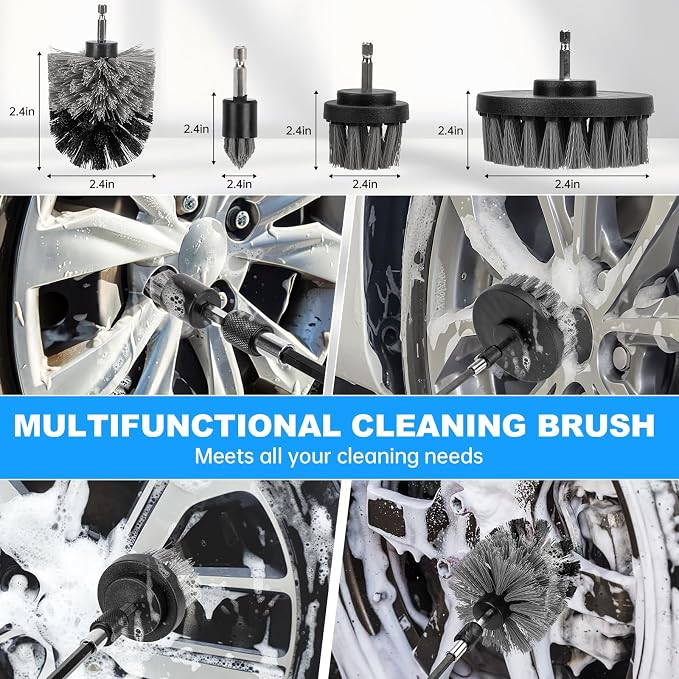 THINKWORK Car Detailing Kit with Multi-Size Drill Brushs & Extension Pole | 4 Drill Brushes, Deep Cleaning for Tires & Wheel Rims, Car Care & Cleaning Gray, Car Detailing Supplies, Gift, 27Pcs