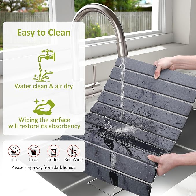 Large Stone Dish Drying Mat for Kitchen Counter, 24"(L)×16"(W), Collapsible Quick Dry Stone Dish Mats, Super Absorbent Diatomaceous Earth Drying Pad for Dishes Bottles Cups, Countertops (Marble)