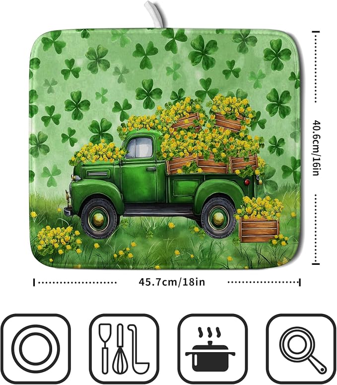 Holiday Truck Drying Dish Mat Green Lovely Clovers Decoration Cloth Dish Drain Mat Small