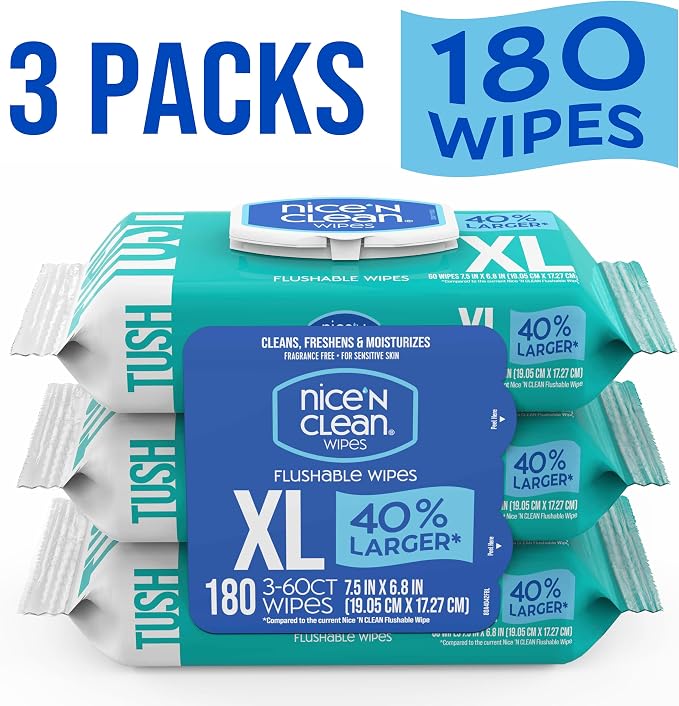 Nice 'N CLEAN Extra Large Flushable Wipes | 40% Larger Wipes | 6.8" x 7.5" Unscented XL Adult Wet Wipes | Septic and Sewer Safe | Fragrance Free, Hypoallergenic, Plant Based | 180 Butt Wipes