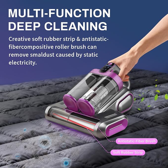 Cordless Mattress Vacuum Cleaner, 16Kpa Bed Vacuum with 253.7nm UV-C Light & Ultrasonic Tech, HEPA Filter, Portable Handheld Vacuum for Bed Sofa Couch Crib & Pet Hair (Purple)